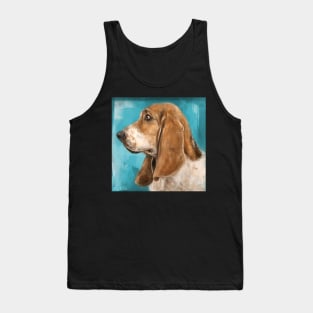 Painting of a Basset Hound Dog From The Side on Blue Background Tank Top